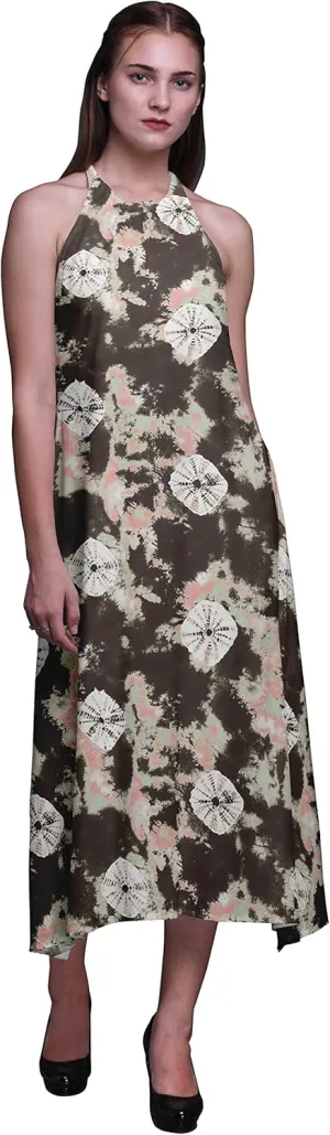 Bimba Brown Bandhani Tie-Dye Button Down Midi Shift Dress Women Shirt Summer Causal Tunic-X-Small