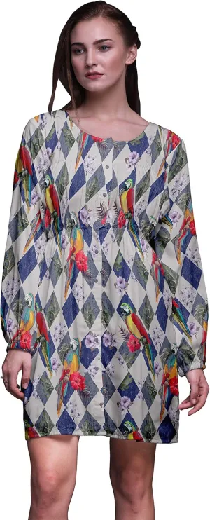 Bimba Gray Floral Tropical Bird Button Down Midi Shift Dress Women Shirt Summer Causal Tunic-Medium