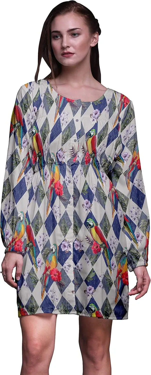 Bimba Gray Floral Tropical Bird Button Down Midi Shift Dress Women Shirt Summer Causal Tunic-Medium