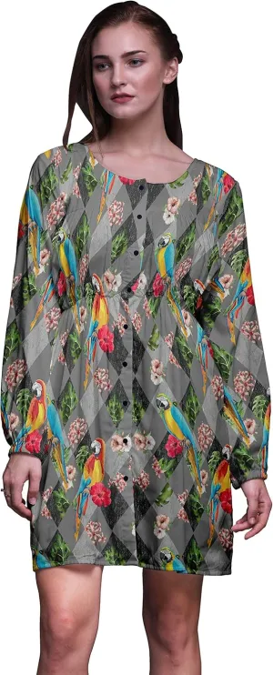 Bimba Gray Floral Tropical Bird Button Down Midi Shift Dress Women Shirt Summer Causal Tunic-Small