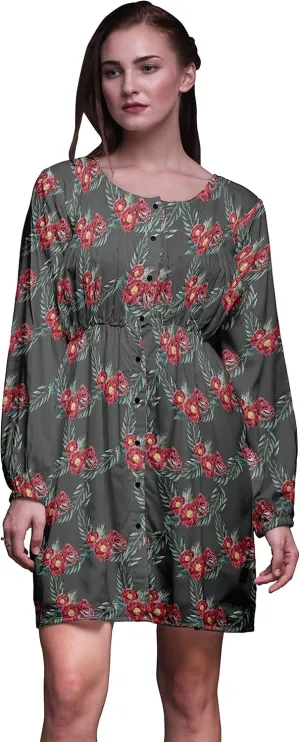 Bimba Gray Leaves & Peony Floral Button Down Midi Shift Dress Women Shirt Summer Causal Tunic-Small
