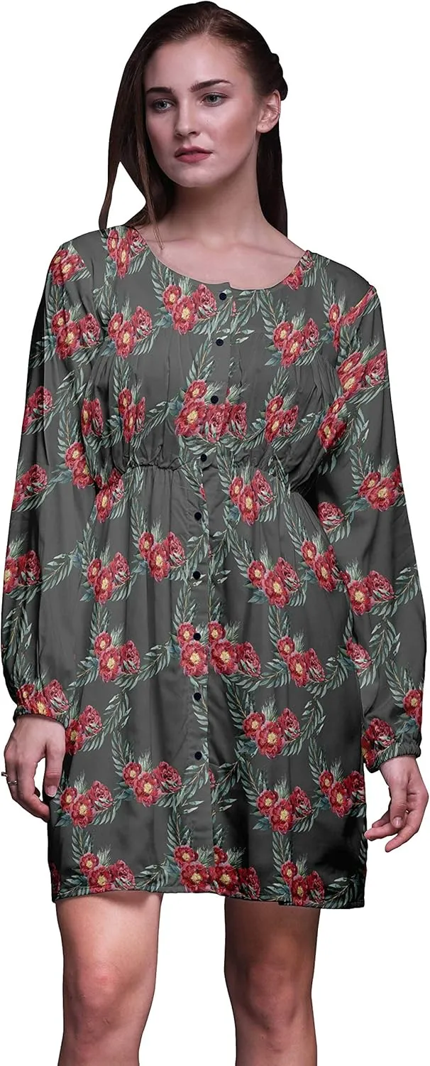 Bimba Gray Leaves & Peony Floral Button Down Midi Shift Dress Women Shirt Summer Causal Tunic-Small