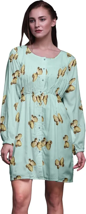 Bimba Green Butterflies Butterfly Button Down Midi Shift Dress Women Shirt Summer Causal Tunic-Medium