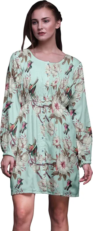 Bimba Green Floral & Kingfisher Bird Button Down Midi Shift Dress Women Shirt Summer Causal Tunic-Medium