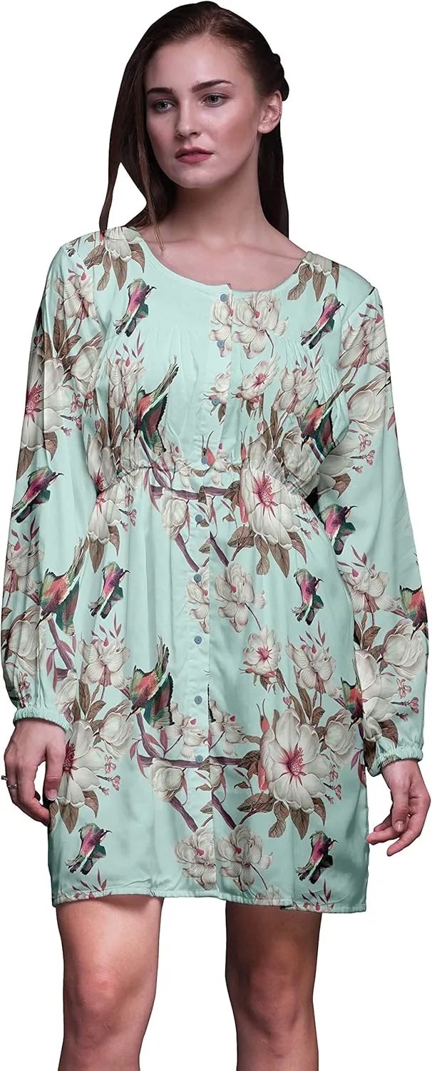 Bimba Green Floral & Kingfisher Bird Button Down Midi Shift Dress Women Shirt Summer Causal Tunic-Medium