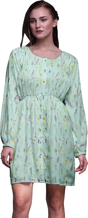 Bimba Green Ranunculus & Sweetpea Leaves Button Down Midi Shift Dress Women Shirt Summer Causal Tunic-X-Small