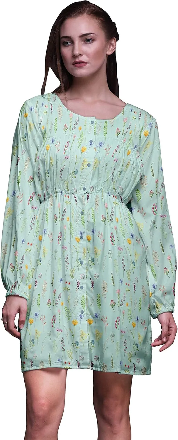 Bimba Green Ranunculus & Sweetpea Leaves Button Down Midi Shift Dress Women Shirt Summer Causal Tunic-X-Small