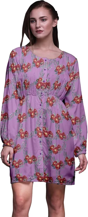 Bimba Purple Leaves & Peony Floral Button Down Midi Shift Dress Women Shirt Summer Causal Tunic-X-Large