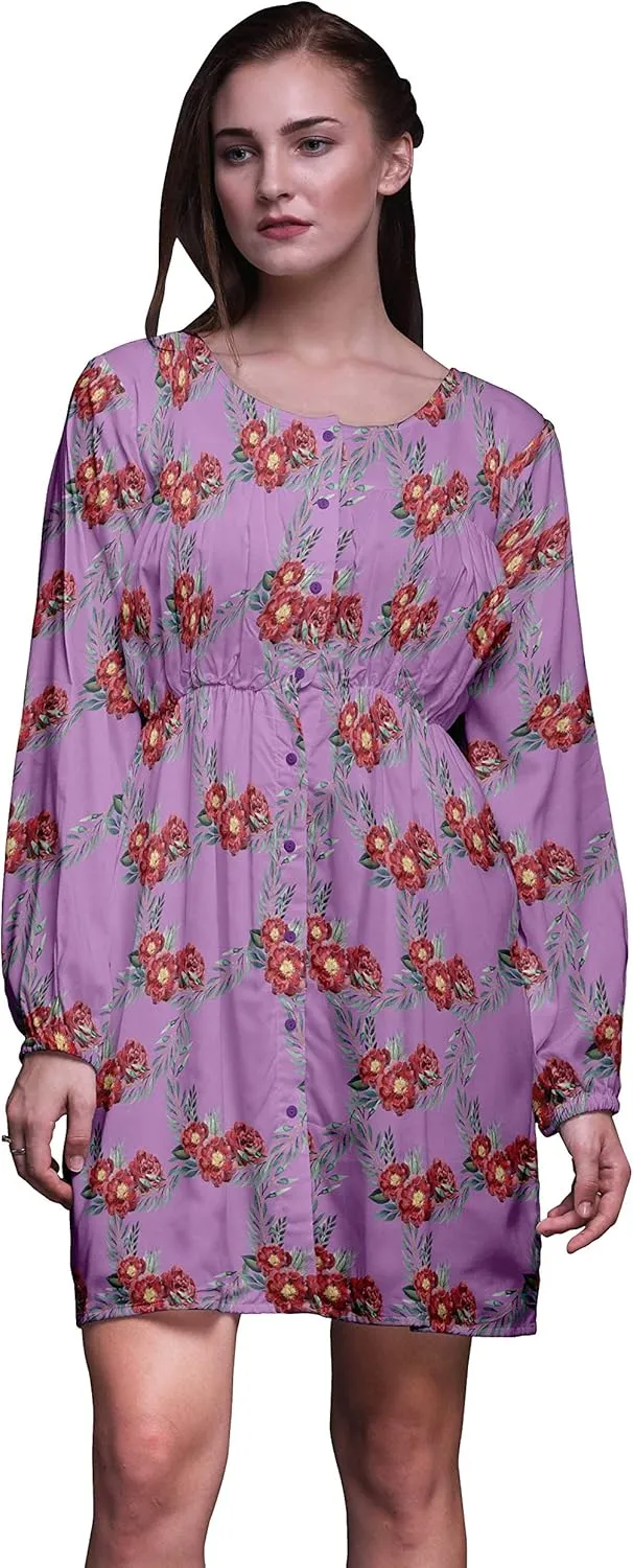 Bimba Purple Leaves & Peony Floral Button Down Midi Shift Dress Women Shirt Summer Causal Tunic-X-Large
