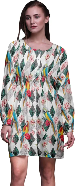 Bimba White Floral Tropical Bird Button Down Midi Shift Dress Women Shirt Summer Causal Tunic-X-Large