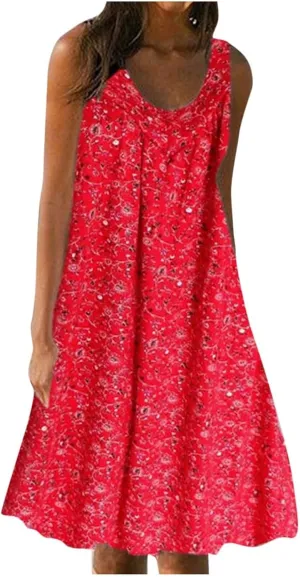 Boho Dress Summer Tank Top Dress Plus Size Sundresses Sleeveless Pleated Short Dress Beach Floral Dress with Pockets