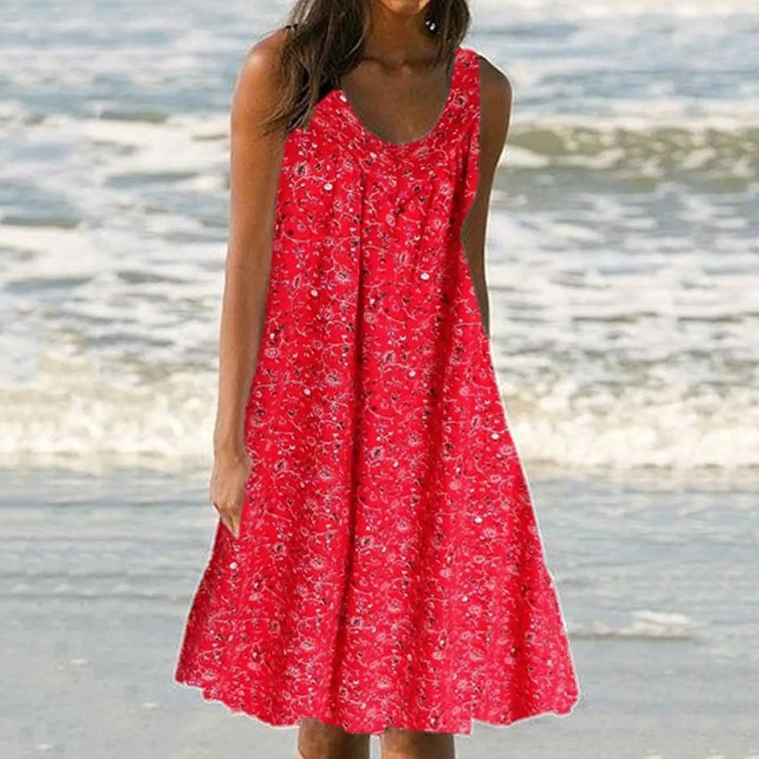 Boho Dress Summer Tank Top Dress Plus Size Sundresses Sleeveless Pleated Short Dress Beach Floral Dress with Pockets
