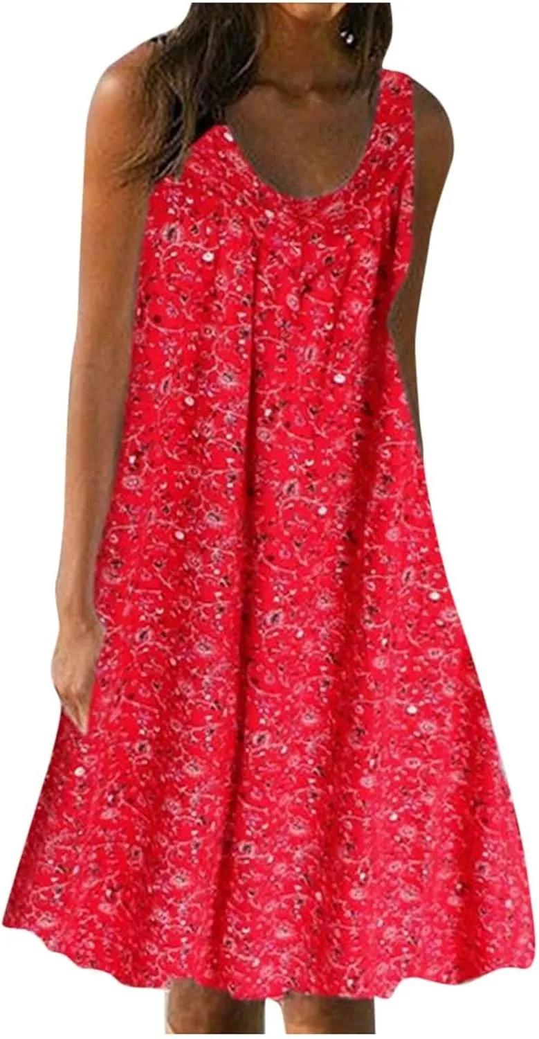Boho Dress Summer Tank Top Dress Plus Size Sundresses Sleeveless Pleated Short Dress Beach Floral Dress with Pockets