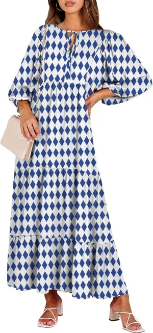 Boho Maxi Dresses for Women 2025 Geometric Floral Half Sleeve V Neck Tiered Flowy Dress Casual Loose Fit Long Dress