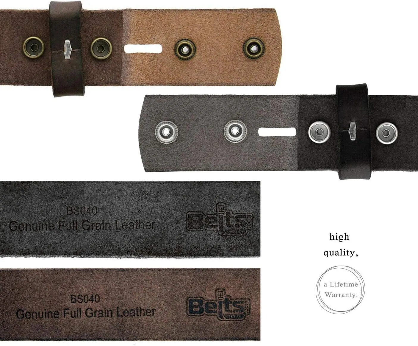 BS040 One Piece Genuine Full Grain Leather 1-1/2" wide Replacement Belt Strap with Snaps on for Women