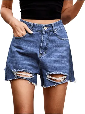 BTDECLAR Women's Denim Shorts Baggy Ripped High Waisted Stretchy Casual Frayed Raw Hem Distressed Short Jeans with Pockets