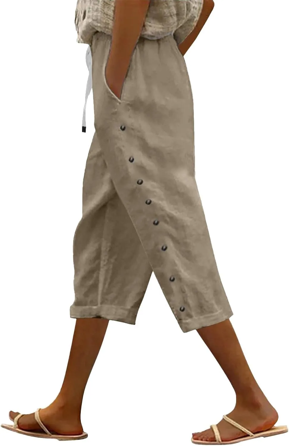 Capri Pants for Women Summer Drawstring High Waisted Striped Linen Pants Loose Crop Beach Gauze Pants with Pockets