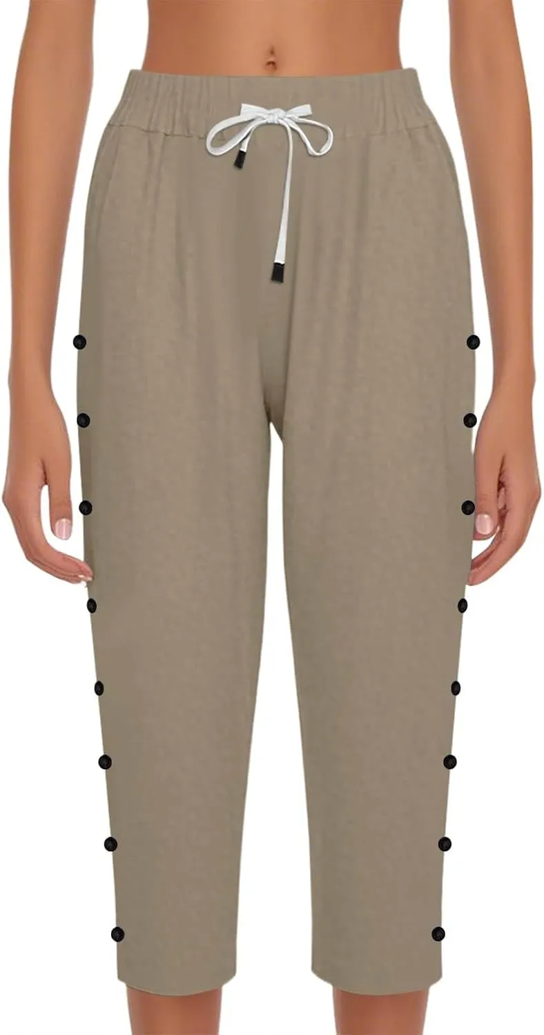 Capri Pants for Women Summer Drawstring High Waisted Striped Linen Pants Loose Crop Beach Gauze Pants with Pockets