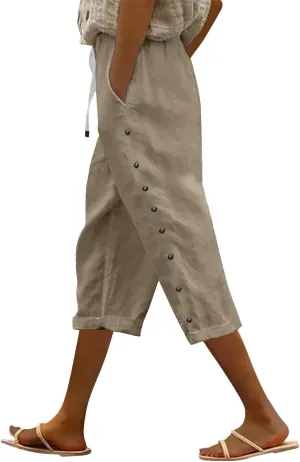 Capri Pants for Women Summer Drawstring High Waisted Striped Linen Pants Loose Crop Beach Gauze Pants with Pockets