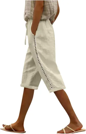 Capri Pants for Women Tie High Waisted Wide Leg Cropped Linen Pants Casual Boho Beach Palazzo Pant with Pockets