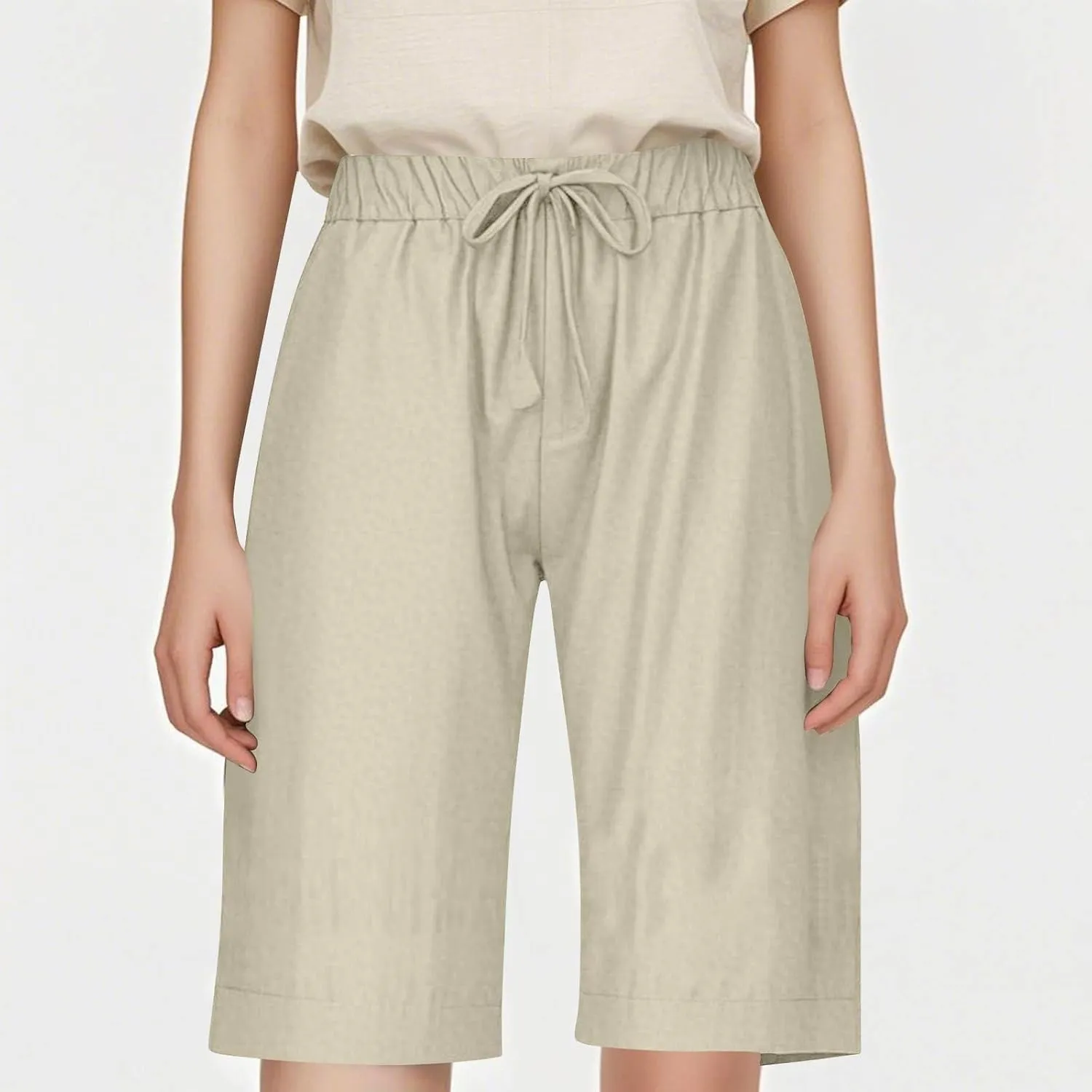 Capri Pants for Women Tie High Waisted Wide Leg Cropped Linen Pants Casual Boho Beach Palazzo Pant with Pockets