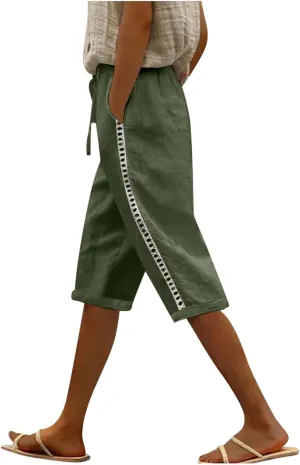 Capri Pants for Women Tie High Waisted Wide Leg Cropped Linen Pants Casual Boho Beach Palazzo Pant with Pockets