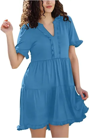 Casual Dresses for Women V Neck Pleated Oversized Flowing Dress Folded Solid Women Beach Vacation Dress