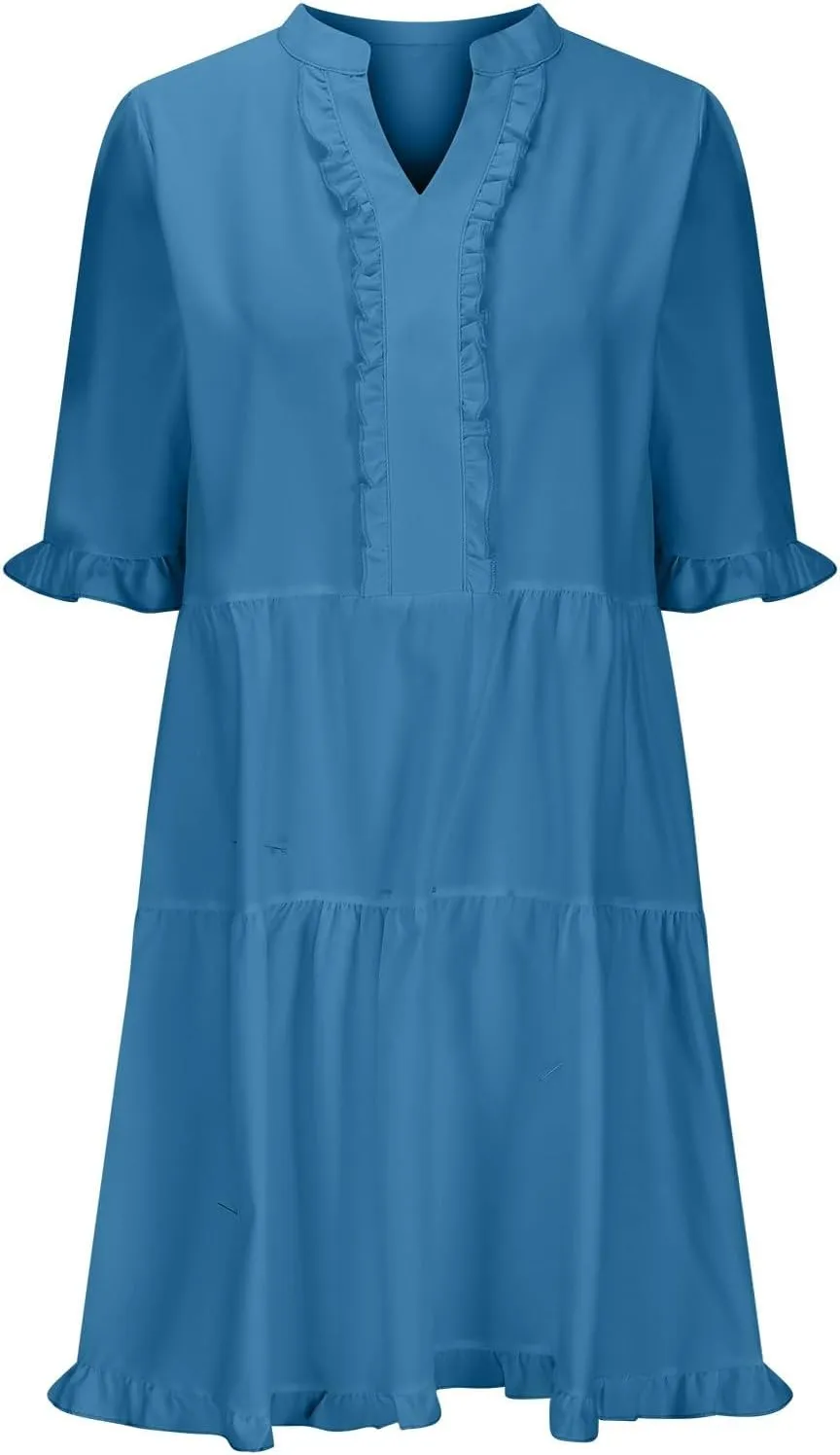 Casual Dresses for Women V Neck Pleated Oversized Flowing Dress Folded Solid Women Beach Vacation Dress