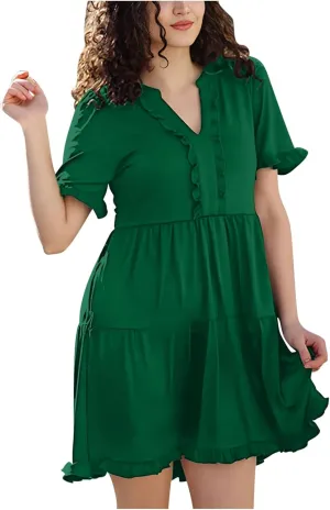 Casual Dresses for Women V Neck Pleated Oversized Flowing Dress Folded Solid Women Beach Vacation Dress