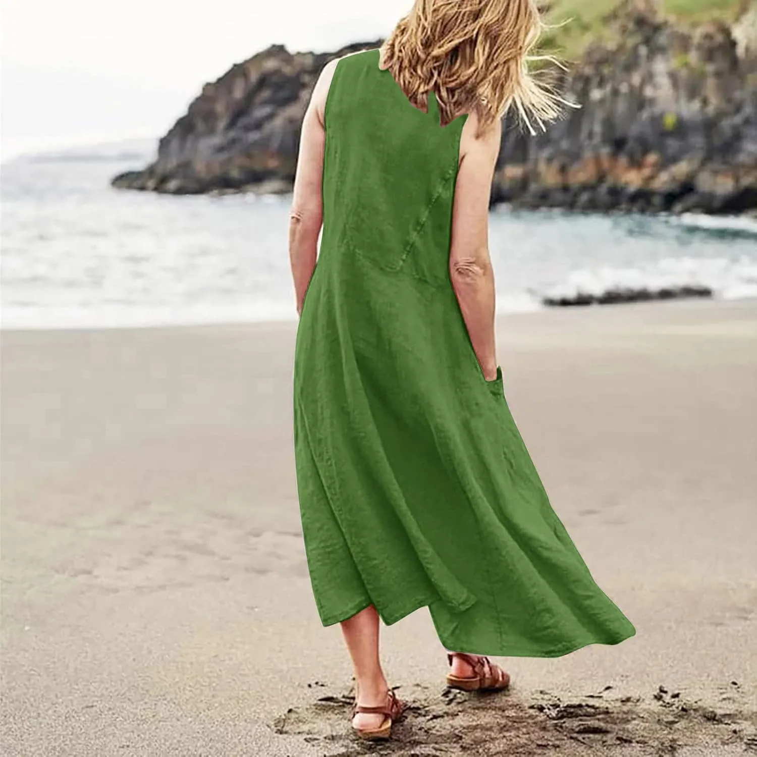 Casual Floral T-Shirt Dress Women's Summer Casual Sleeveless Long Maxi Beach Dress 100 Percent Linen Dress Cotton
