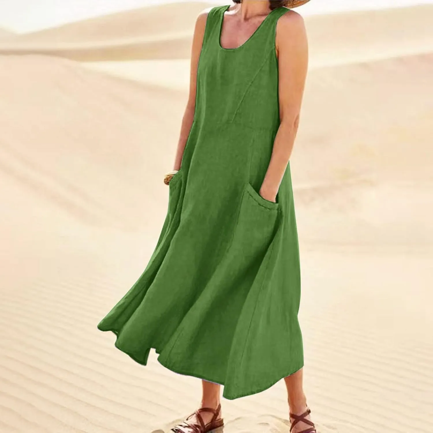 Casual Floral T-Shirt Dress Women's Summer Casual Sleeveless Long Maxi Beach Dress 100 Percent Linen Dress Cotton