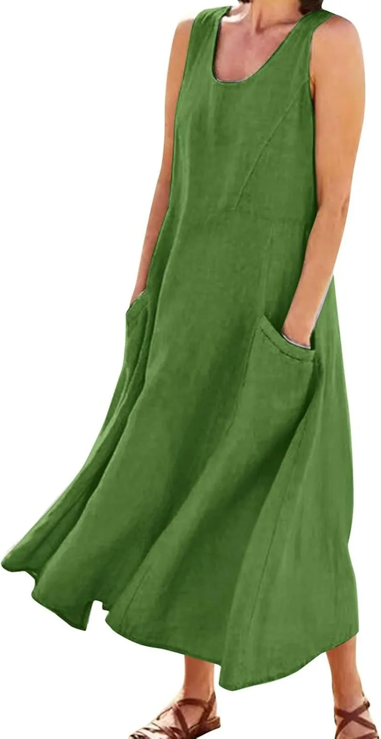 Casual Floral T-Shirt Dress Women's Summer Casual Sleeveless Long Maxi Beach Dress 100 Percent Linen Dress Cotton