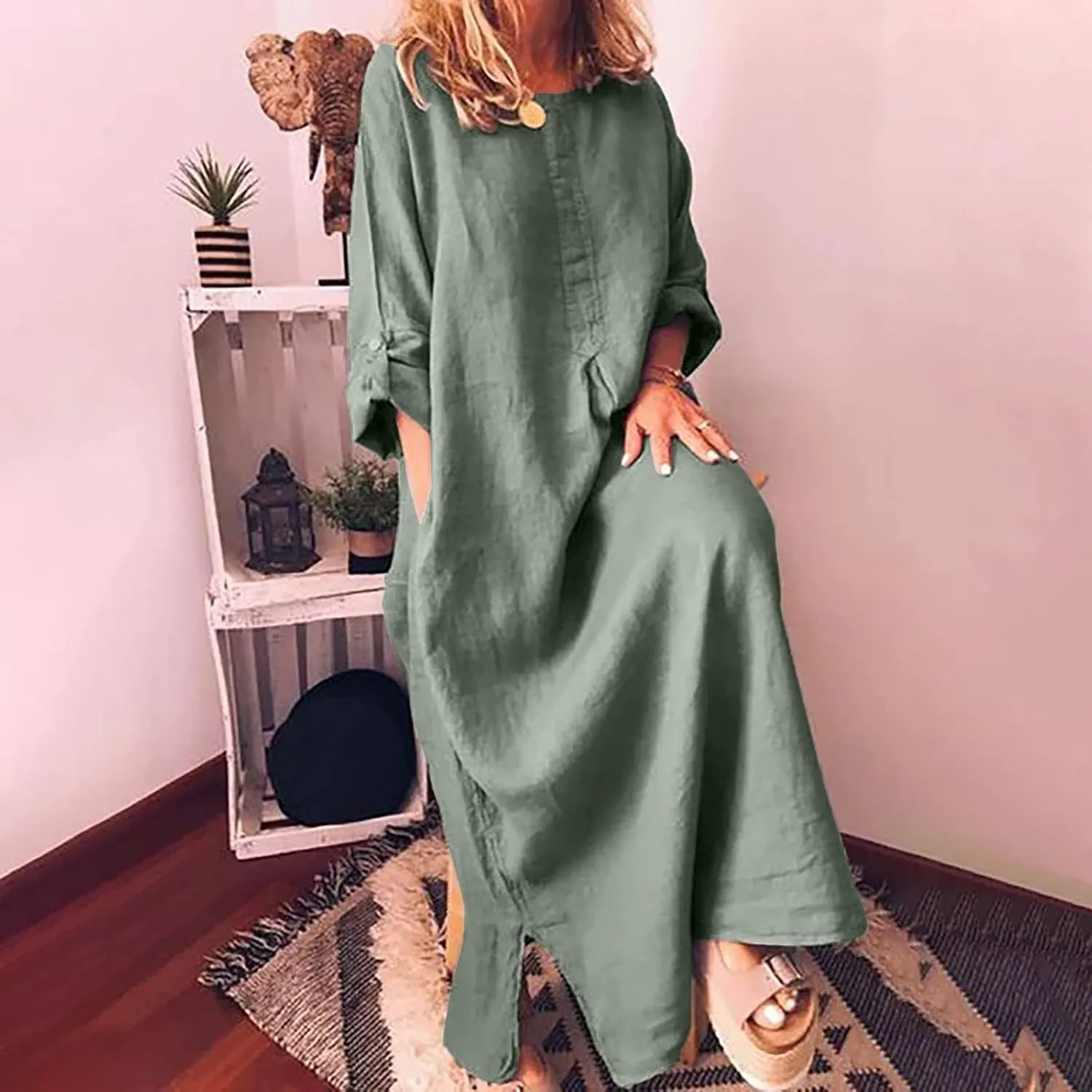 Ceboyel Women Denim Shirt Dresses Casual Loose Maxi Long Dress Half Sleeve Distressed Jean Dress Summer Beach Outfits 2023