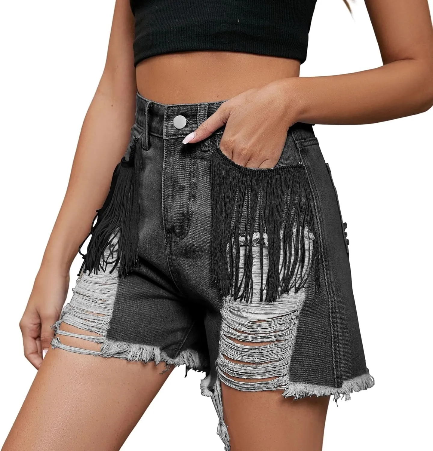 CHARTOU Women Denim Shorts Tassel Fringe Shorts Distressed Ripped High Waisted Jean Shorts Cowgirl Summer