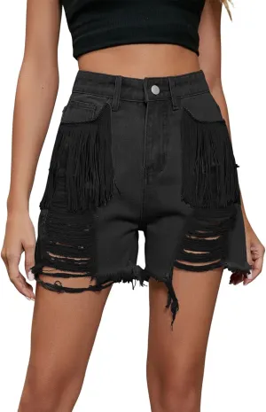 CHARTOU Women Denim Shorts Tassel Fringe Shorts Distressed Ripped High Waisted Jean Shorts Cowgirl Summer