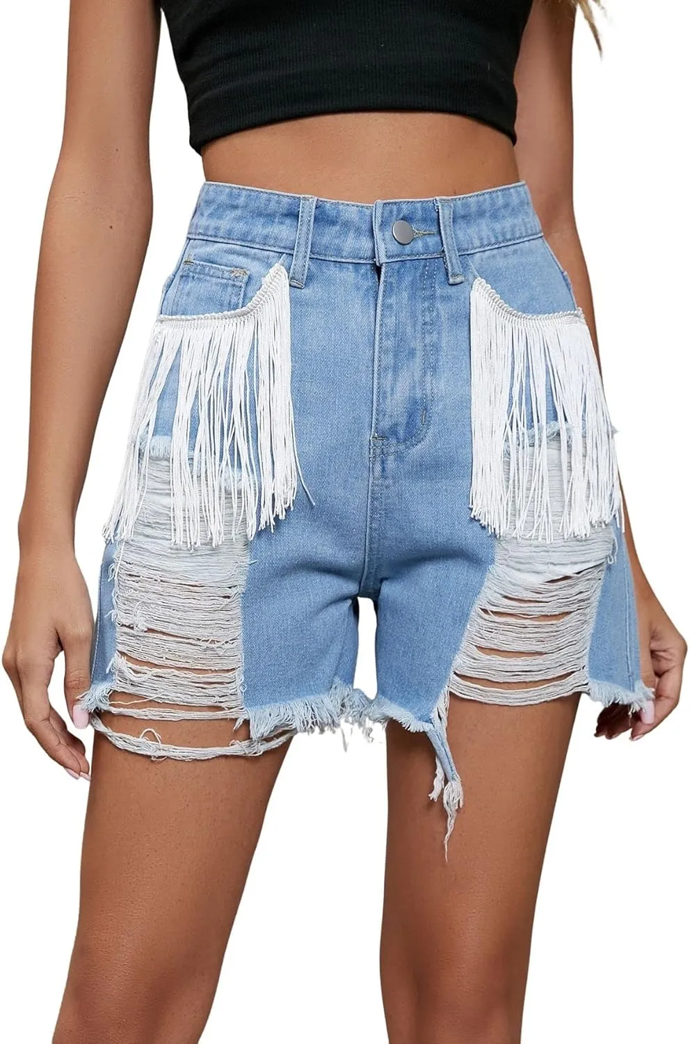 CHARTOU Women Denim Shorts Tassel Fringe Shorts Distressed Ripped High Waisted Jean Shorts Cowgirl Summer