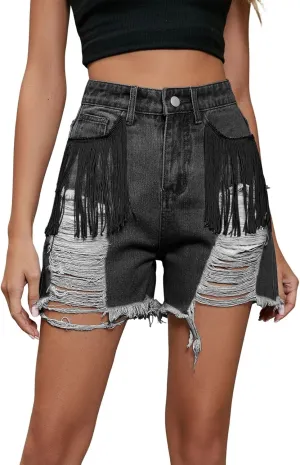 CHARTOU Women Denim Shorts Tassel Fringe Shorts Distressed Ripped High Waisted Jean Shorts Cowgirl Summer