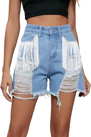 CHARTOU Women Denim Shorts Tassel Fringe Shorts Distressed Ripped High Waisted Jean Shorts Cowgirl Summer