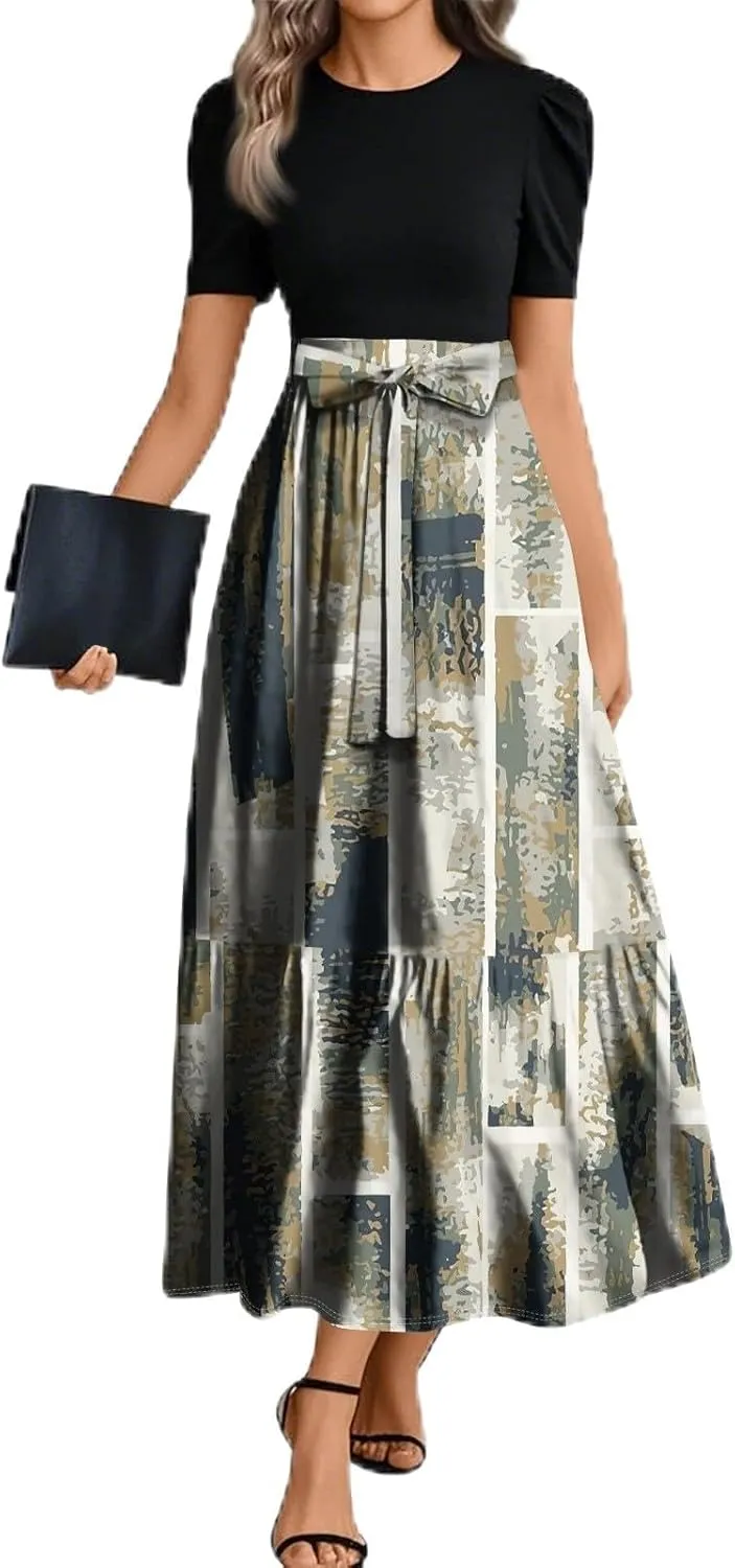 Church Dresses for Women 2025 Floral Short Sleeve Wrap Patchwork Dress Tea Length A Line Tiered Maxi Modest Dress