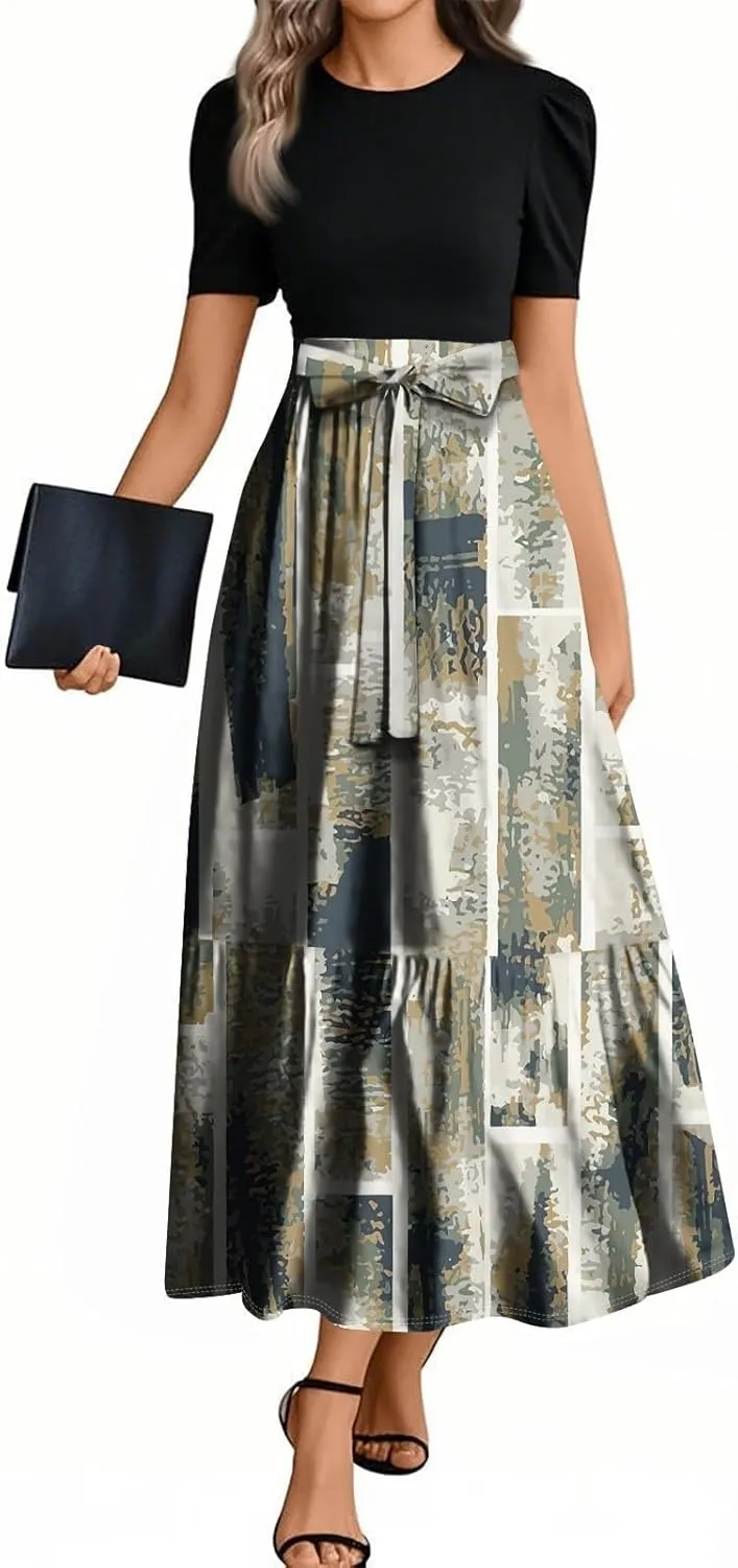 Church Dresses for Women 2025 Floral Short Sleeve Wrap Patchwork Dress Tea Length A Line Tiered Maxi Modest Dress