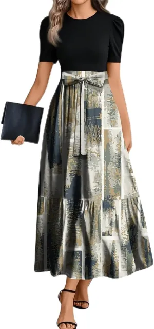 Church Dresses for Women 2025 Floral Short Sleeve Wrap Patchwork Dress Tea Length A Line Tiered Maxi Modest Dress