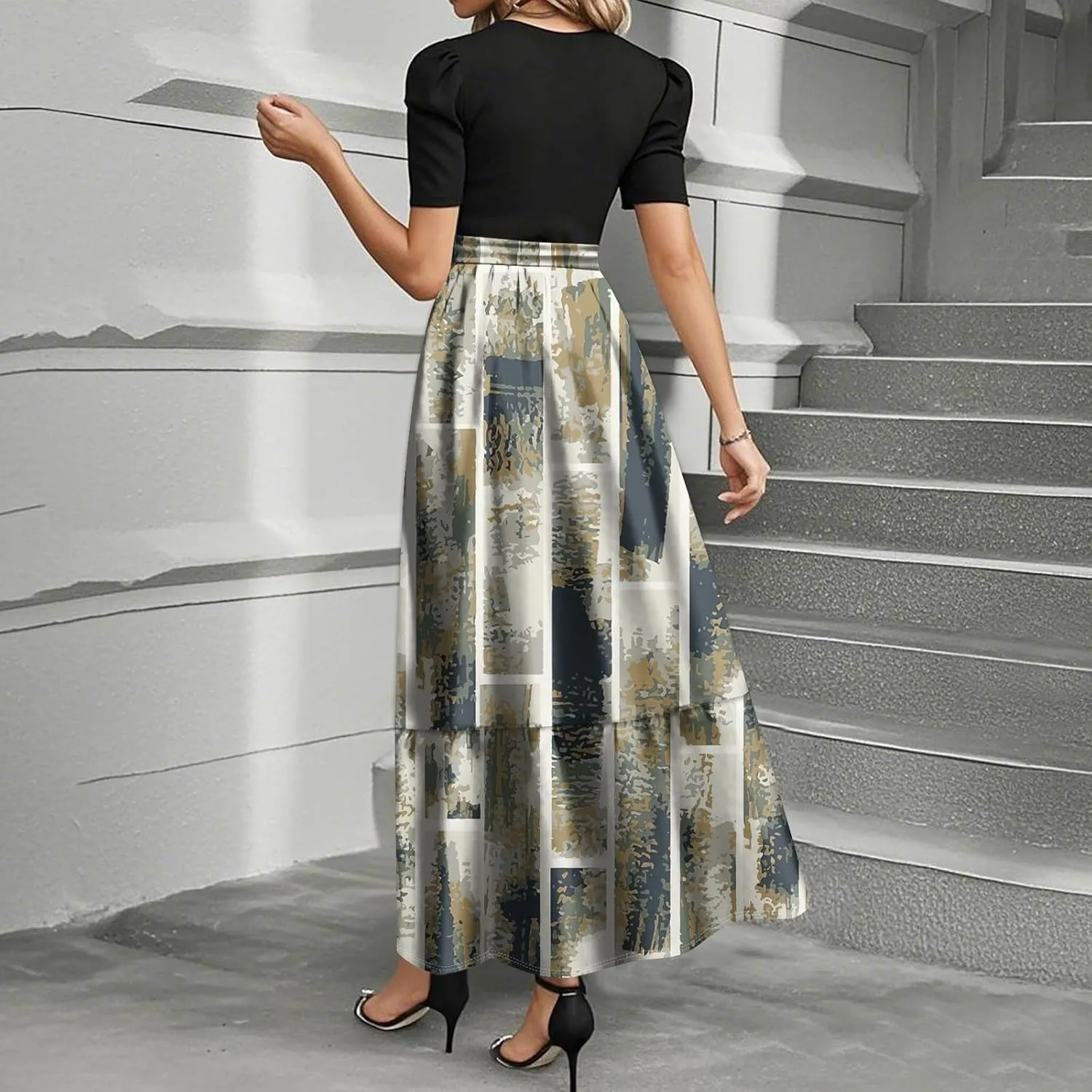 Church Dresses for Women 2025 Floral Short Sleeve Wrap Patchwork Dress Tea Length A Line Tiered Maxi Modest Dress