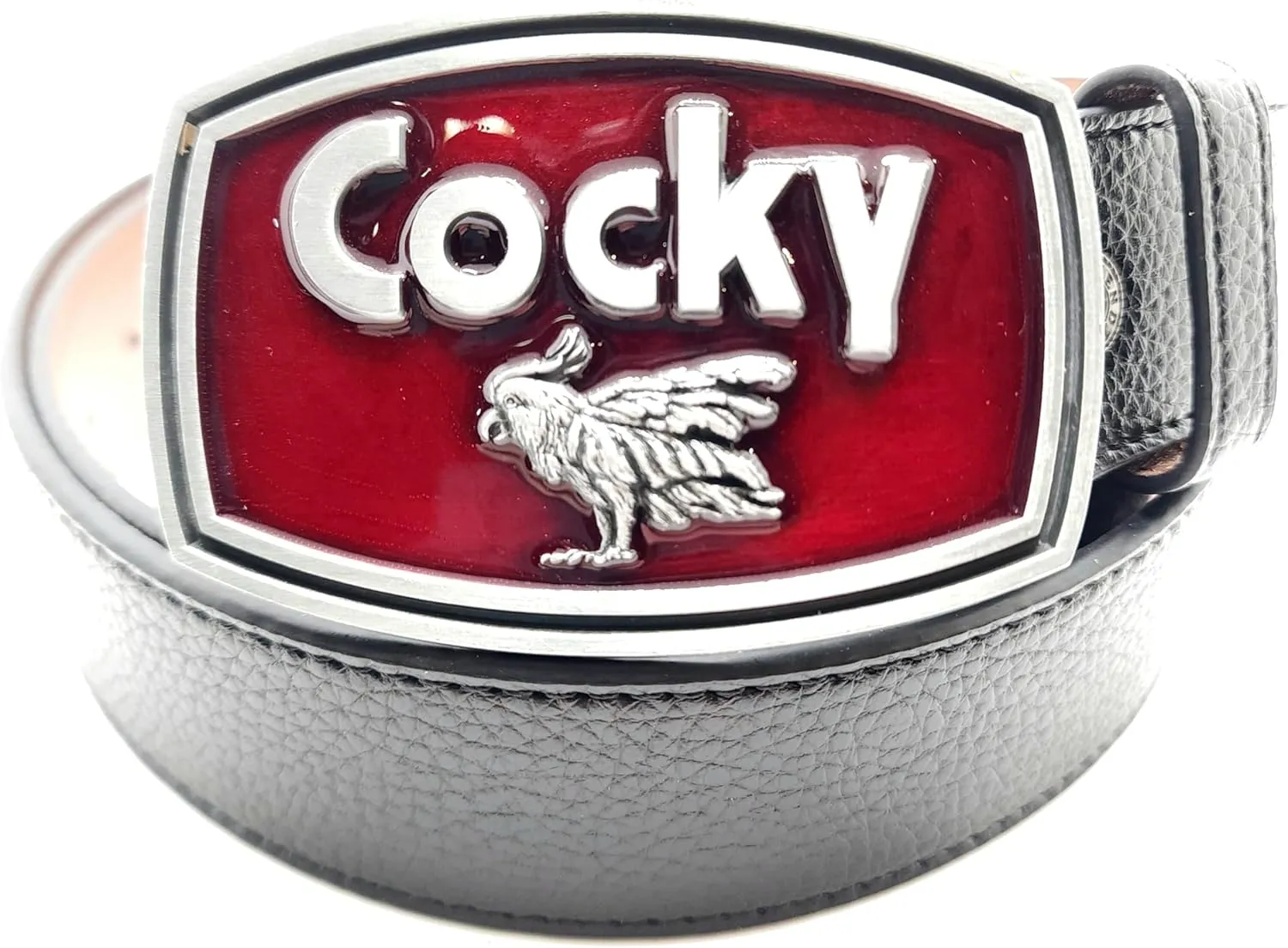 Cocky Belt Buckle w/Heavy 100% Vegan Soft Leather Snap Button Belt