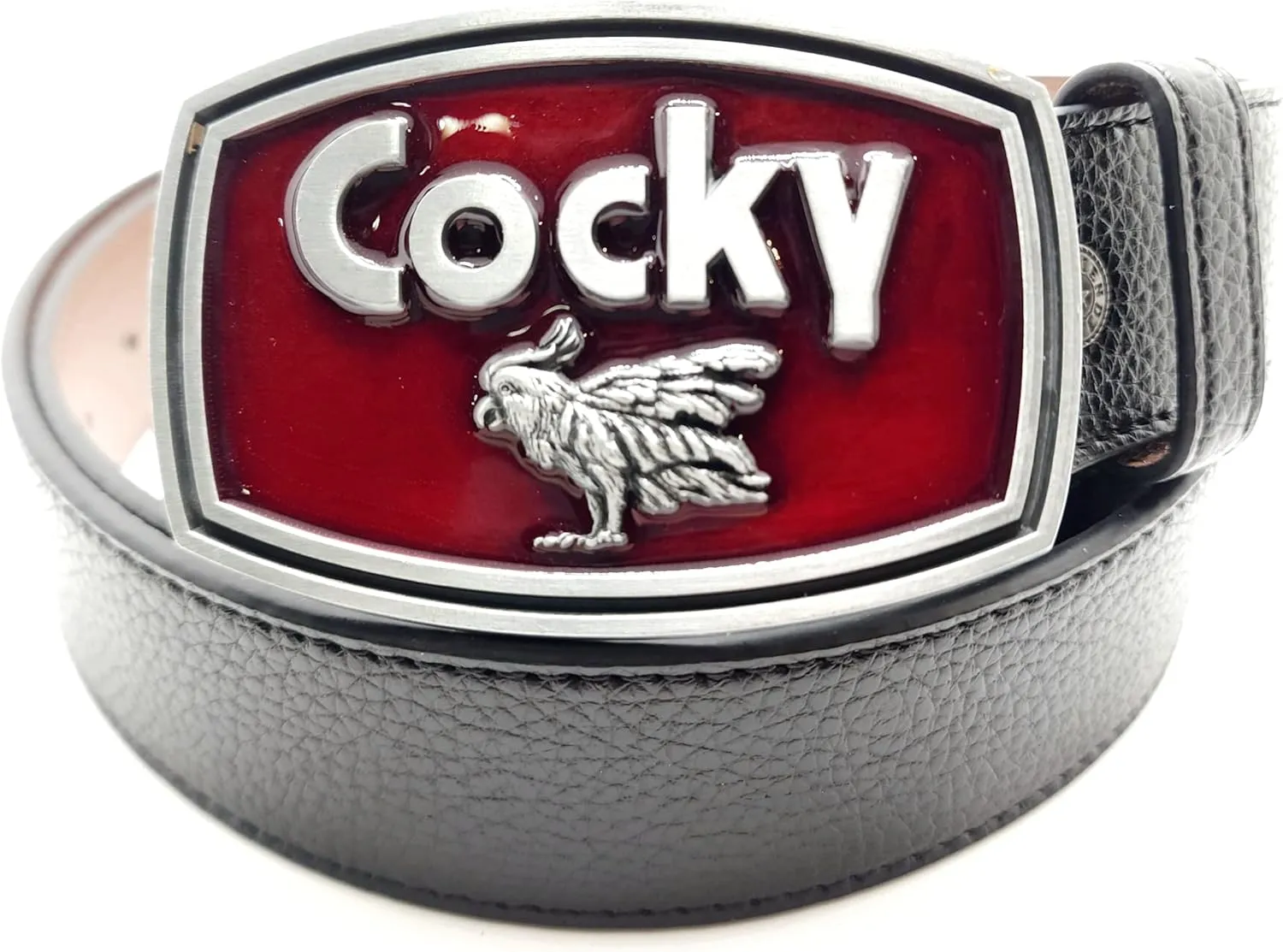 Cocky Belt Buckle w/Heavy 100% Vegan Soft Leather Snap Button Belt