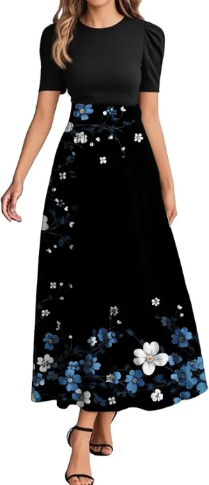 Colorful Dresses for Women Plus Size Floral Patchwork Ruffle Hem Wrap Maxi Dress Trendy Outfit