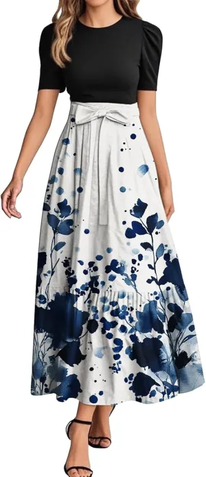 Colorful Dresses for Women Plus Size Floral Patchwork Ruffle Hem Wrap Maxi Dress Trendy Outfit