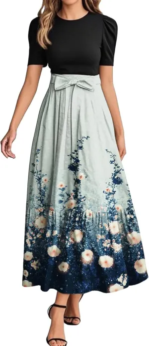 Colorful Dresses for Women Plus Size Floral Patchwork Ruffle Hem Wrap Maxi Dress Trendy Outfit