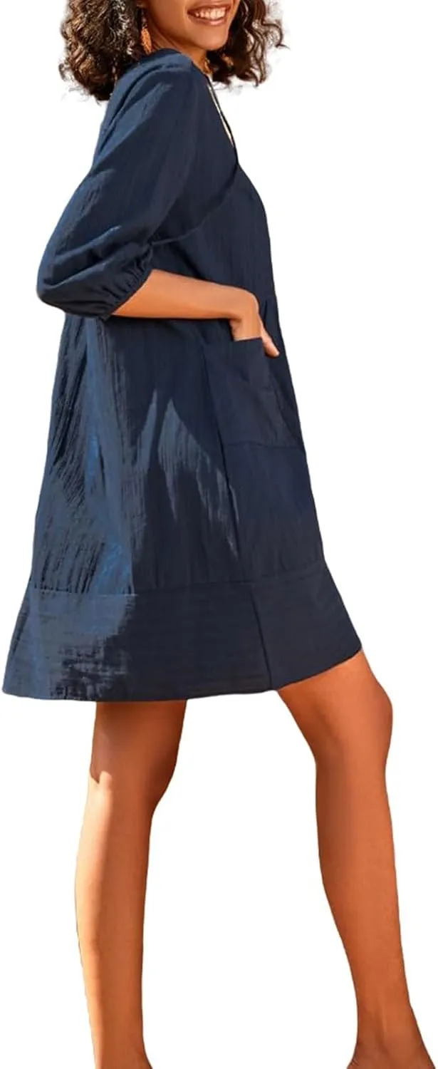 Cotton Linen Dress for Women 2025 Beach Vacation Dresses V Neck Half Sleeves Solid Color Casual Flowy Summer Dresses