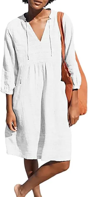 Cotton Linen Dress for Women 2025 Beach Vacation Dresses V Neck Half Sleeves Solid Color Casual Flowy Summer Dresses