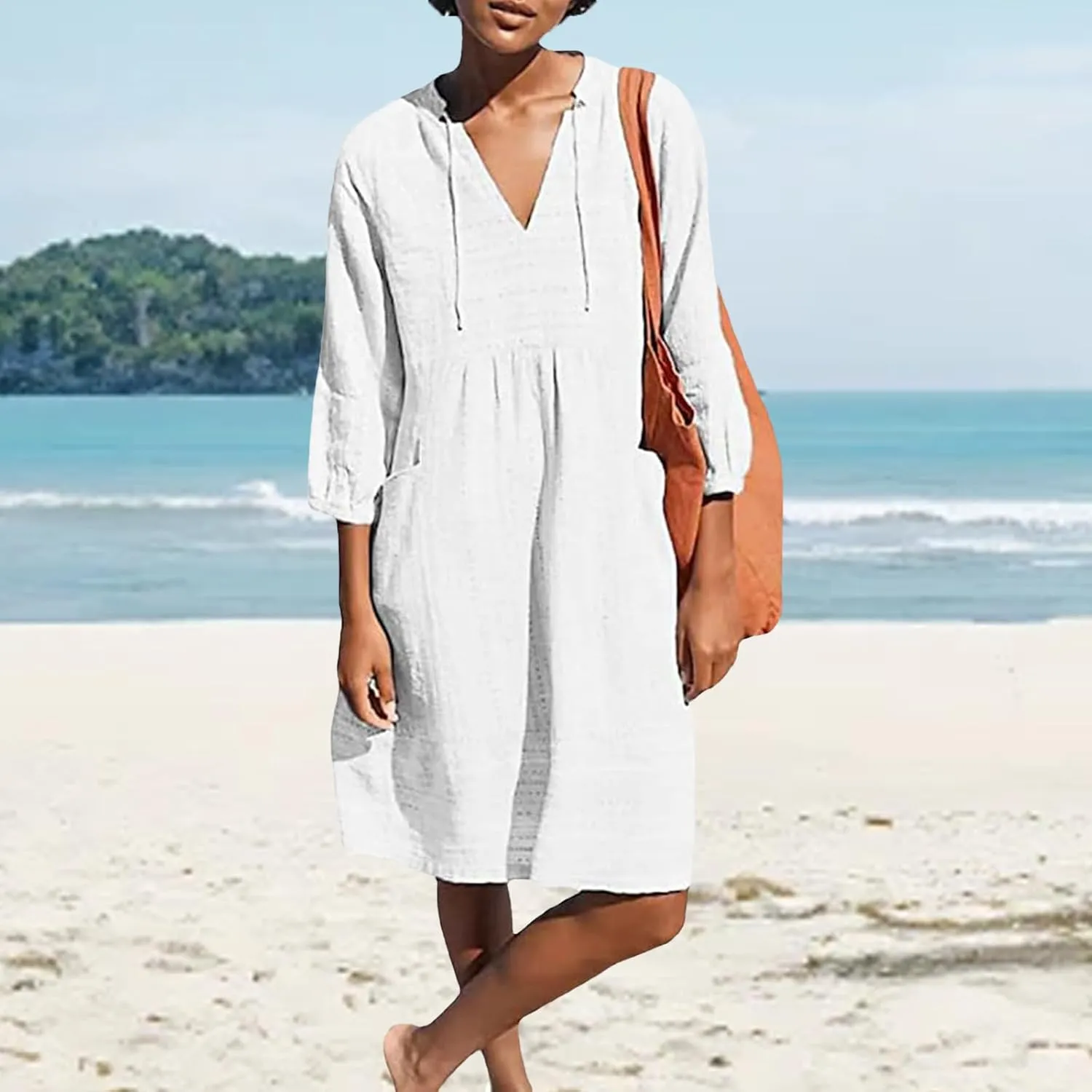 Cotton Linen Dress for Women 2025 Beach Vacation Dresses V Neck Half Sleeves Solid Color Casual Flowy Summer Dresses